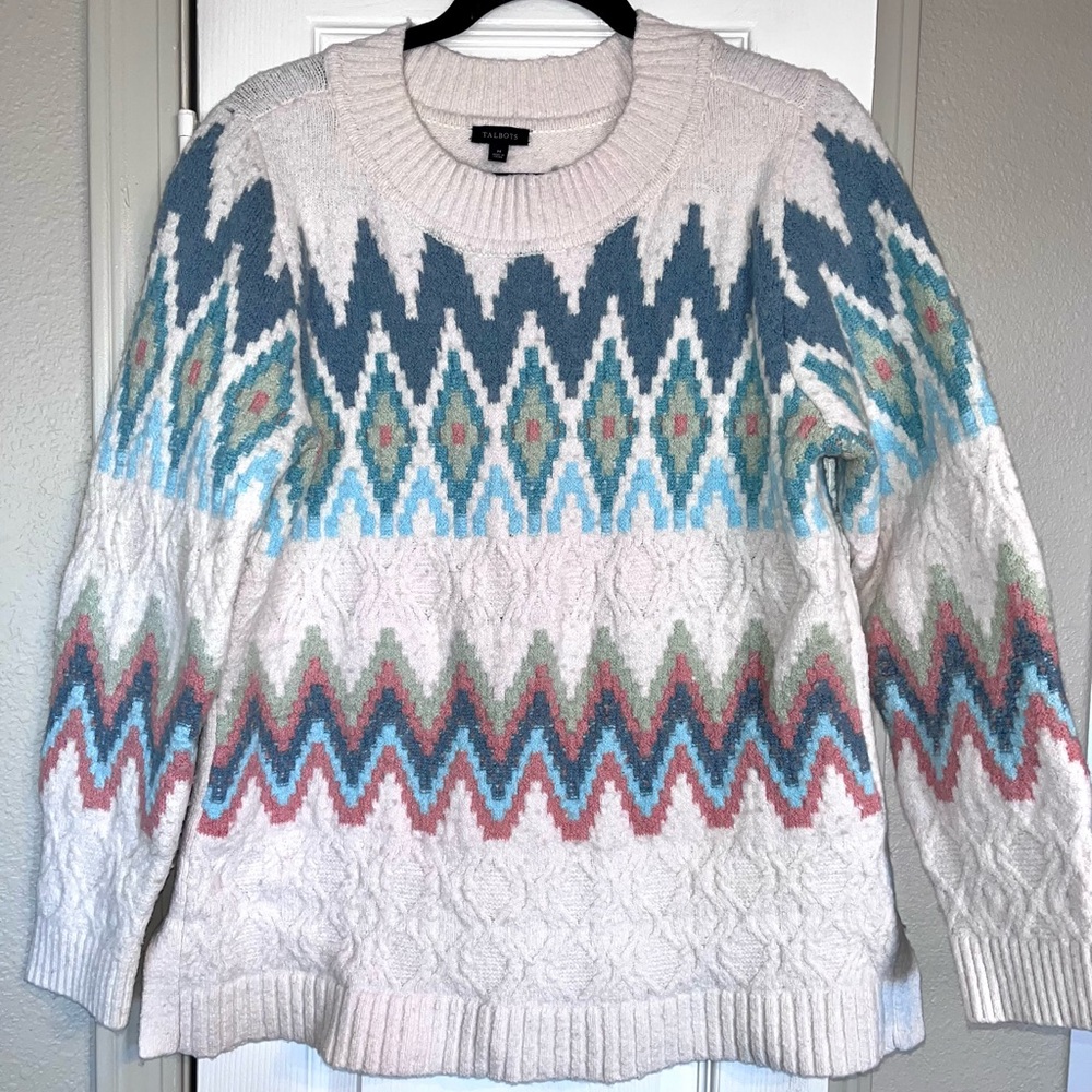 Talbots Super Soft Wool Blend Zig-Zag Fair Isle Crewneck Pullover Sweater Size M